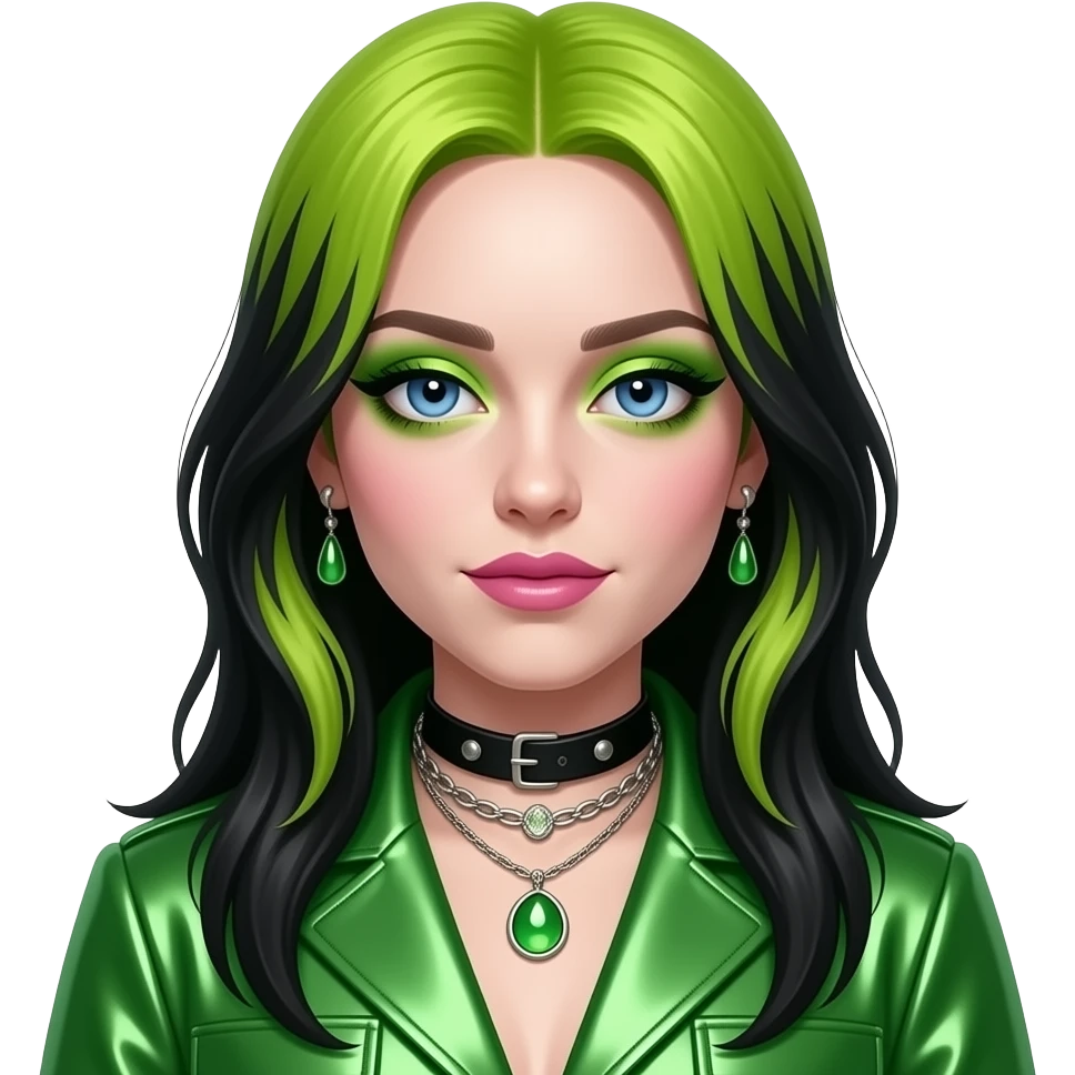Billie Eilish with blue eyes, long lime green and black hair, lime eyeshadow, pink lipstick, lime green metallic pop outfit, necklace and earrings emoji