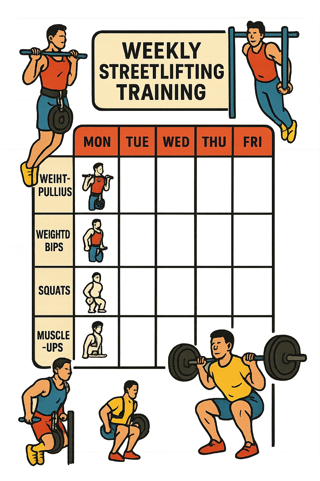 a streetlifting training sheet with icons for each exercise—weighted pull-ups, weighted dips, squats, muscle-ups—organized in a weekly schedule. Around the sheet, small illustrations show athletes performing each movement with proper form. The color palette is bold and energetic, and the background is clean and minimal. emoji