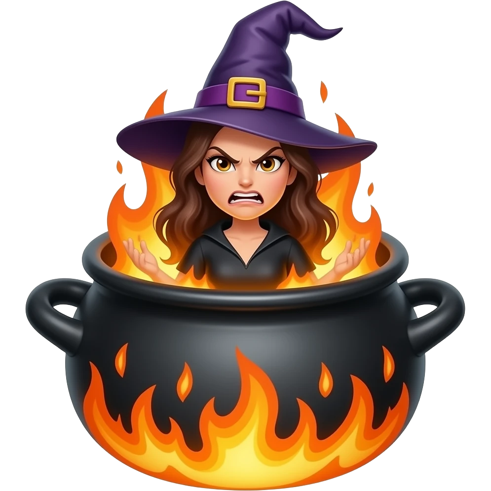 olla con una bruja dentro quemandose todo el cuerpo cara enfadada emoji