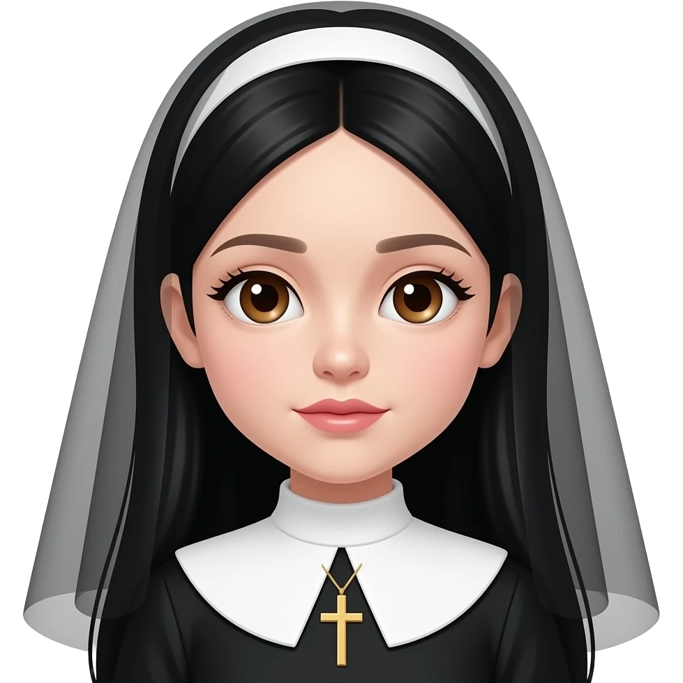 Nun with black hair, big brown eyes and long eyelashes and pity lips, a cute dainty gold cross, white skin, long hair showing no scarf over hair just small black veil, lipgloss on emoji