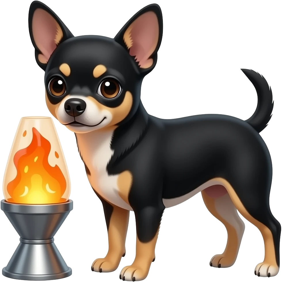 All black chihuahua interacting with orange lavalamp dog toy emoji