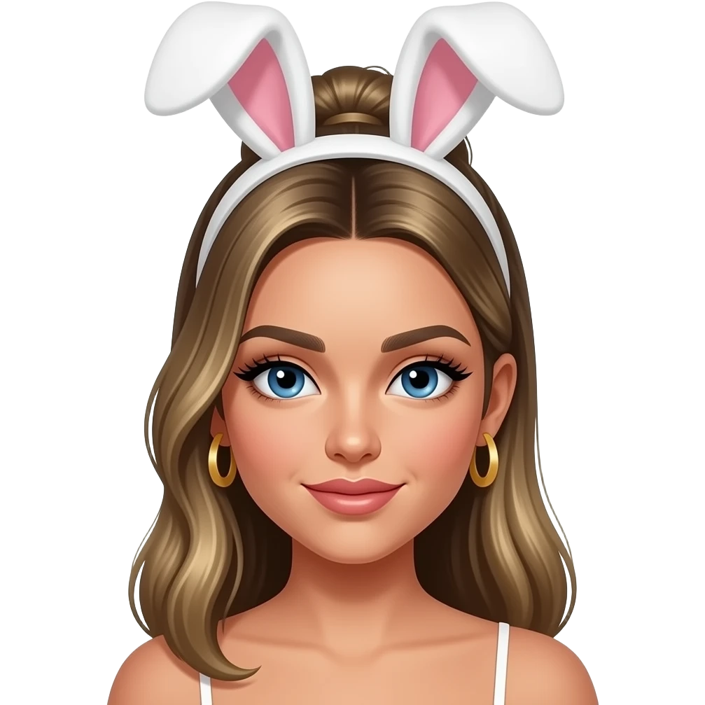 make me a latina girl with blonde hair and blue eyes and long hair out and straightened a bit. darker blonde make her look youngwith eyelash extensions and thin brows and dyed brows, make her have fake tan and slick back bun with bunny ears on top and makre sure she has gold earrings emoji