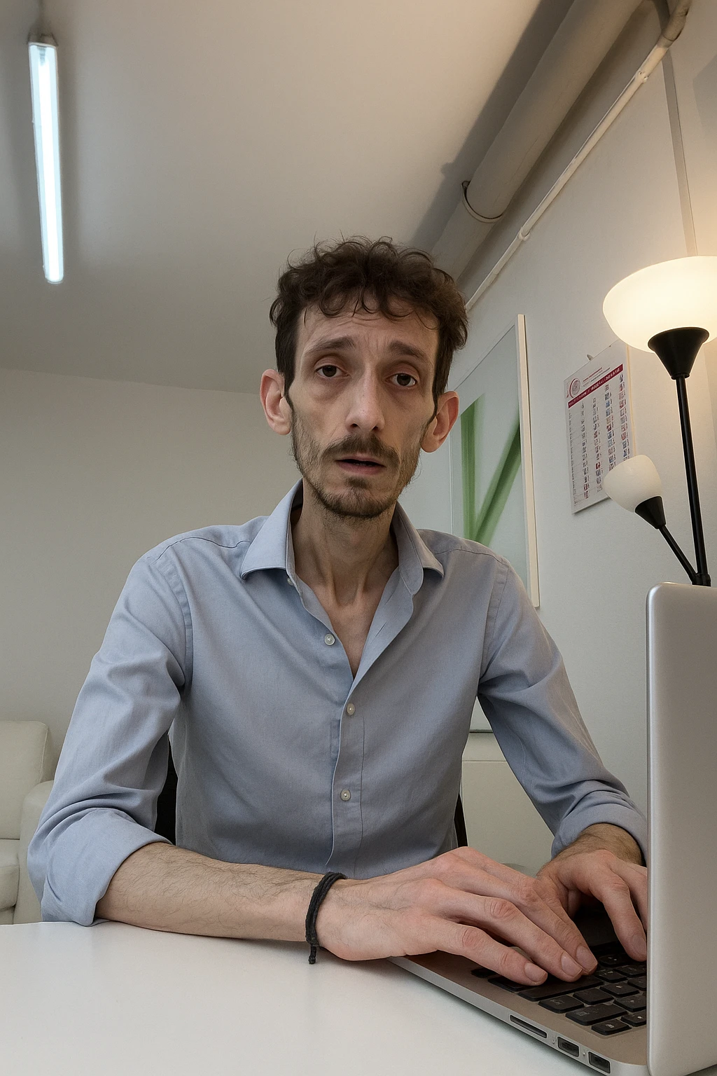 uomo che ha perso massa ed è piatto muscolarmente, lui è in piedi e si vede il fisico debilitato emoji