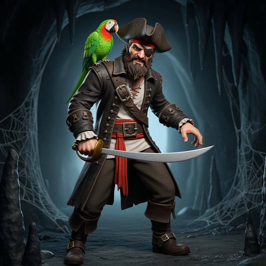 3d illustration of a pirate with eye patch and parrot emoji