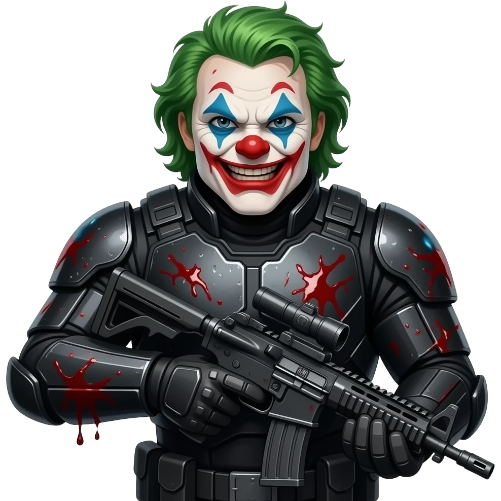 Angry Clown Space Soldier in Black Space Armor with Laser Rifle covered in Alien blood emoji
