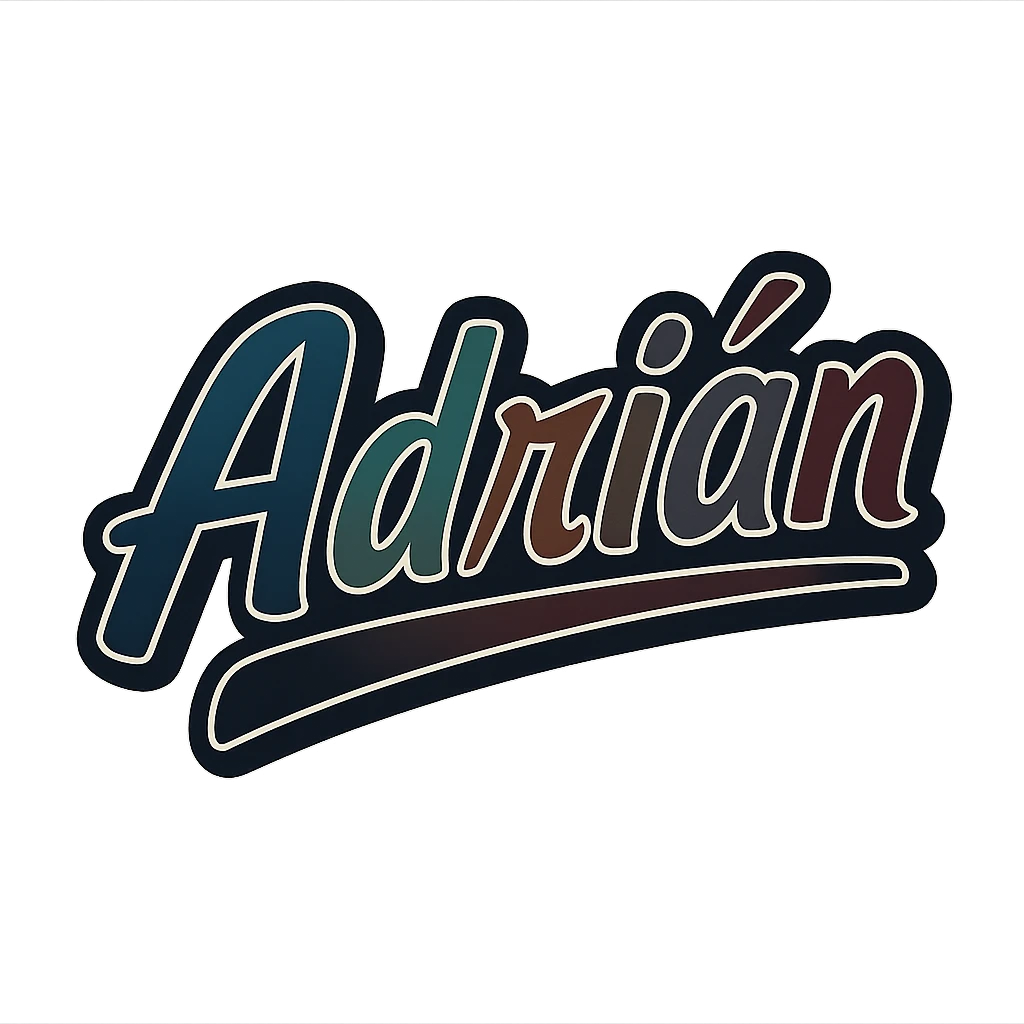 Adrián name in modern, dynamic font with masculine gradient colors (blue, green, gray, dark burgundy, brown, dark blue shades), thin white outline, dark outer outline, underline, 1000x1000 px, PNG, transparent background, in the style of Péter sample image emoji