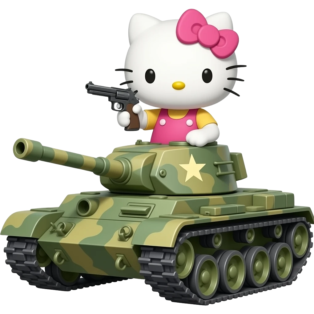 hello kitty in pink dress . holding a gun. and he sits in a war tank emoji