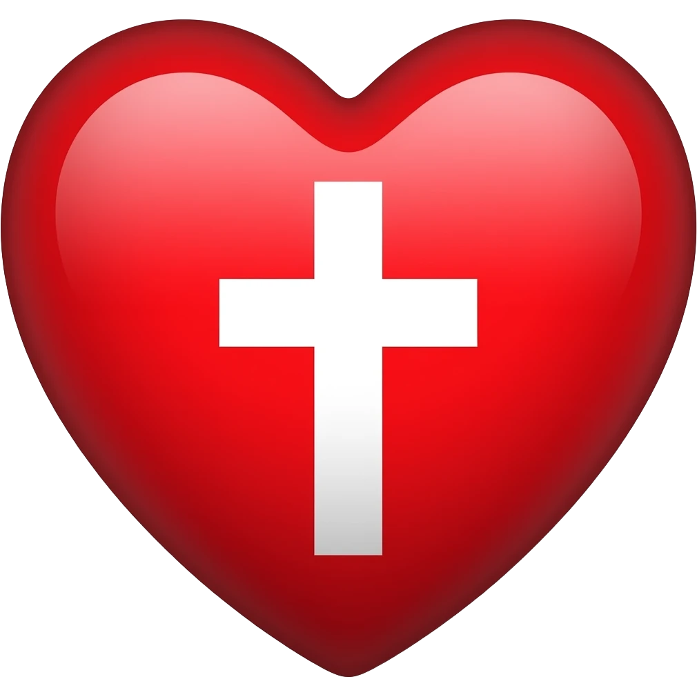 a simple red heart with a plain white Christian cross centered in it but as an emoji or emoticon emoji
