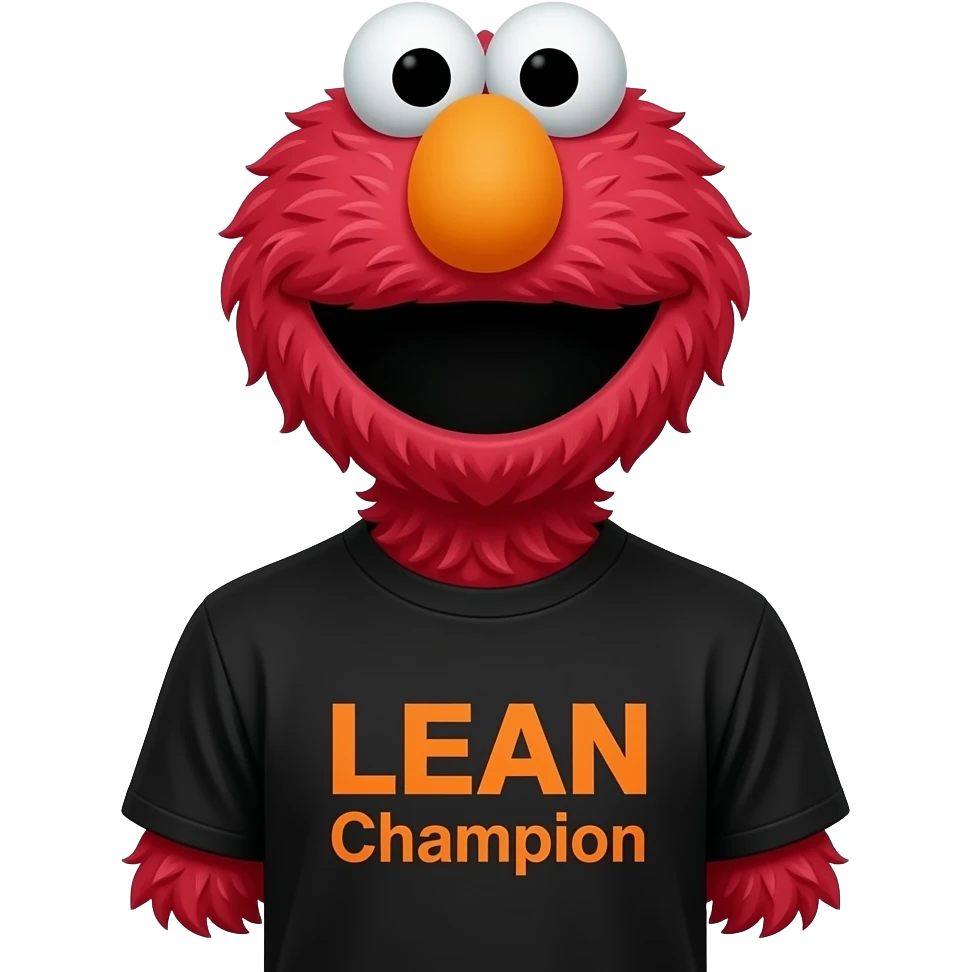 ELMO sesame street, with a Black tshirt on which says "LEAN Champion" in orange font on it emoji