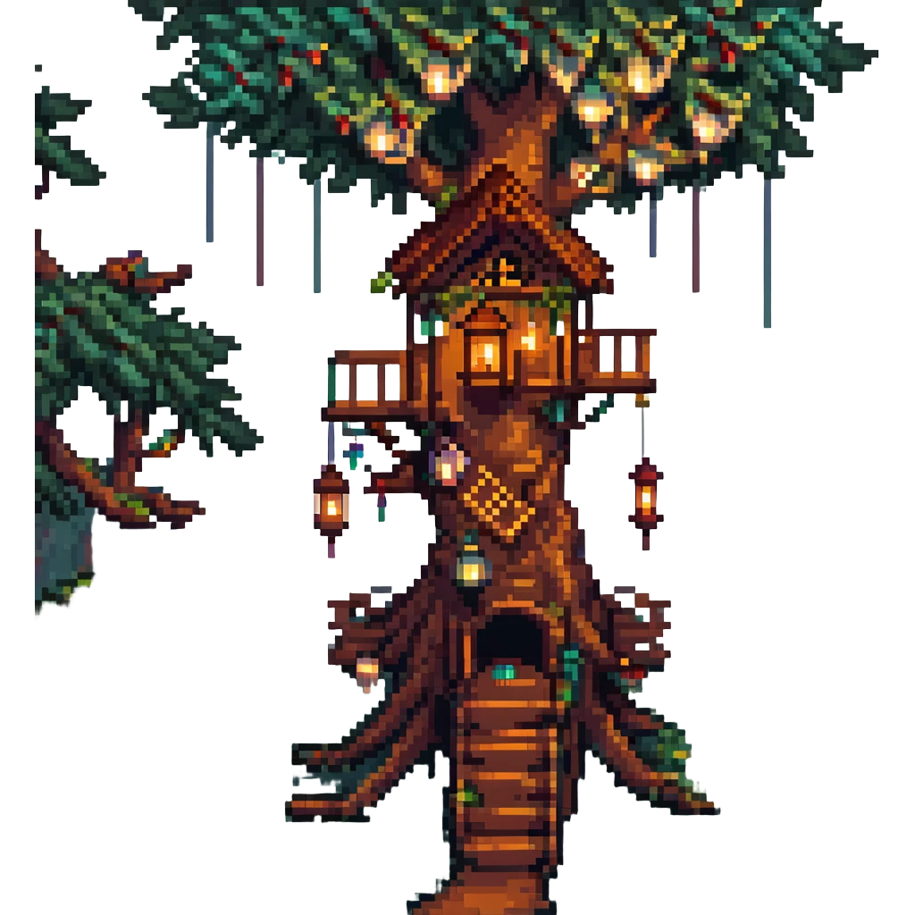 treehouse with lanterns in a magical forest setting, pixel art style emoji