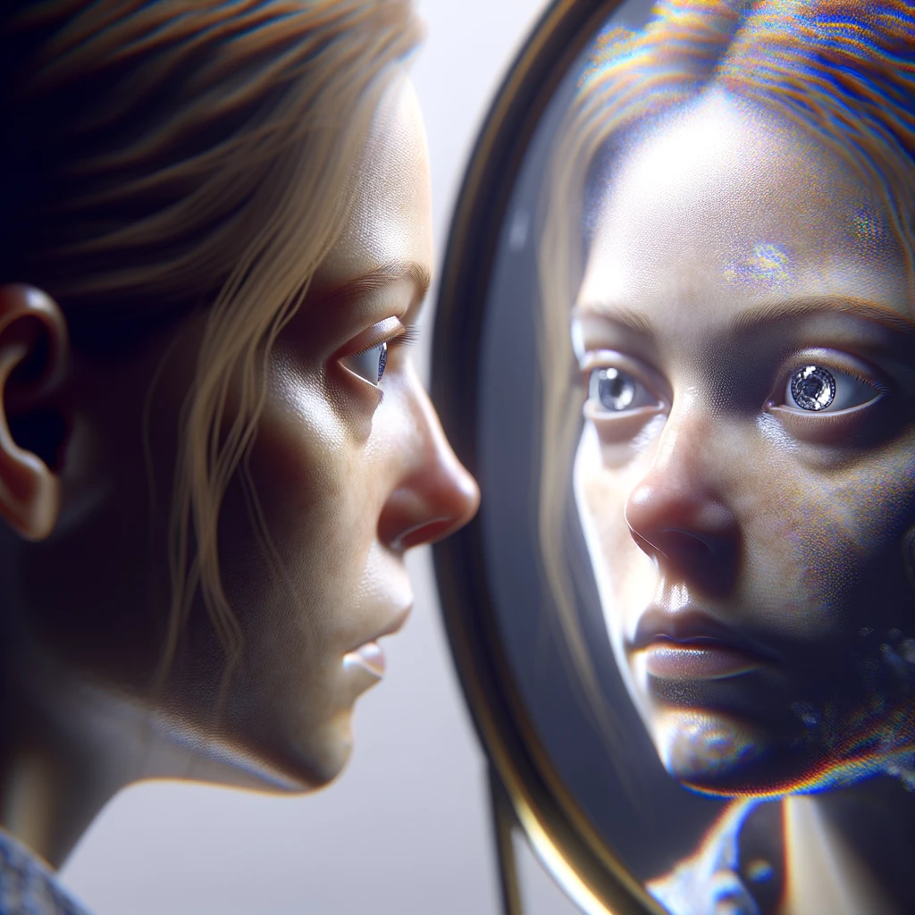 DONNA CHE SI GUARDA ALLO SPECCHIO CON ESPRESSIONE DUBBIOSA IN VOLTO, iperrealistico 4k emoji