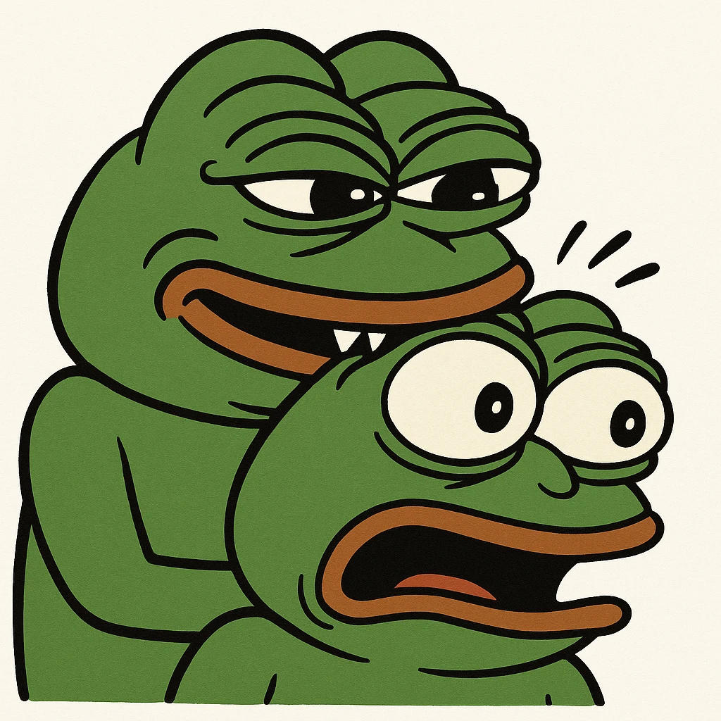 exaggerated cartoon style Pepe the Frog biting another Pepe the Frog emoji