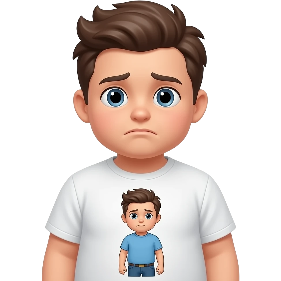 hazme un niño que se le vea todo el cuerpo que este triste i que tenga en la camiseta dibujado Will se llame Will i que sea gordo peró no muy gordo un poco feo emoji