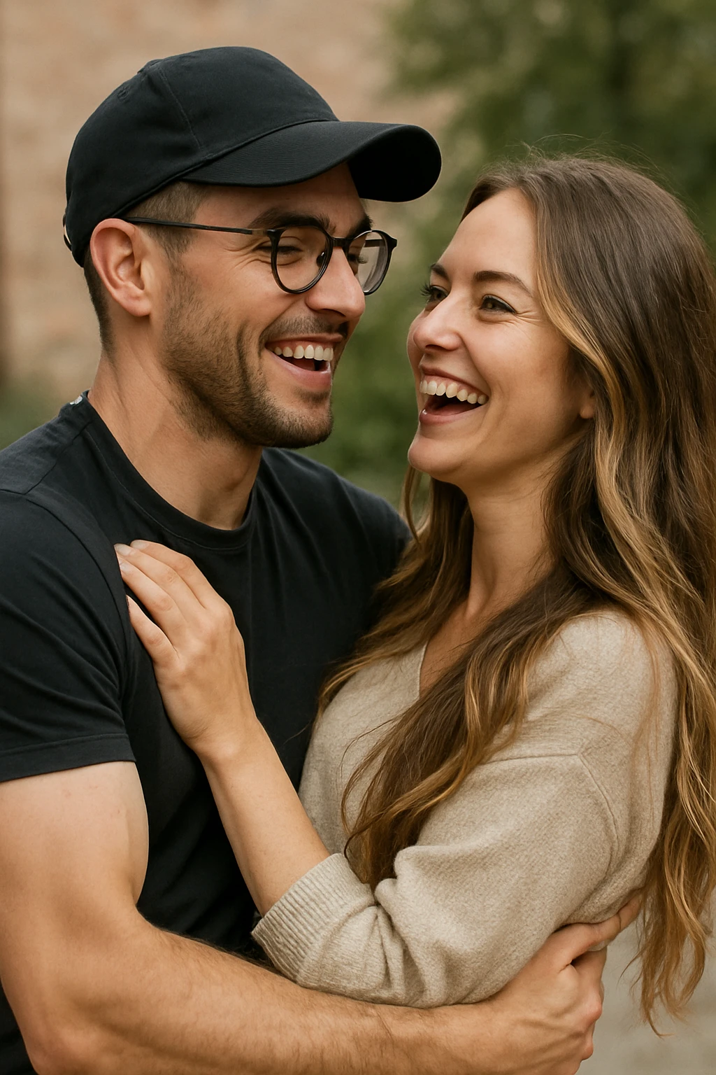 A man with a cap, glasses, strong arms, brown eyes, very short dark chestnut hair, and light skin, holding a woman with green eyes and very long brown-blonde balayage hair. They are laughing at each other. emoji