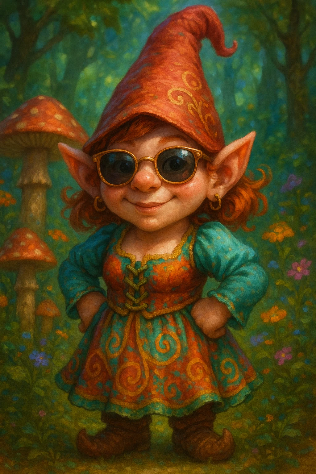 female gnome with sunglasses, fantasy style, whimsical details emoji