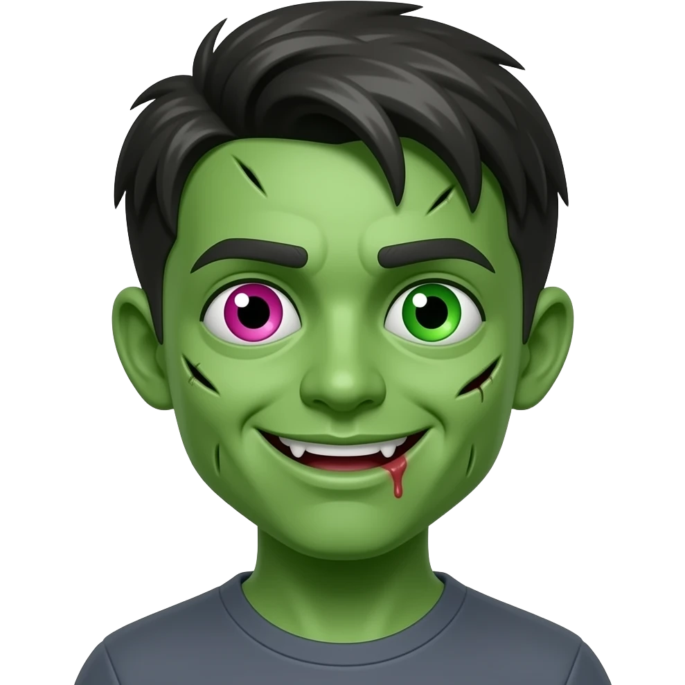 Male ghoul-zombie green skin with some wounds, one eye vibrant pink the other eye vibrant green, alternative style, straight hair, 18 years old, playful smile emoji