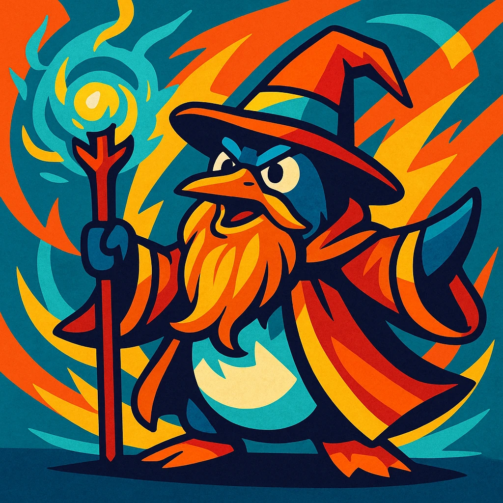 a heroic penguin wizard with a long beard, staff, and magical aura, bold dynamic style, vibrant toon style, strong and energetic colors emoji