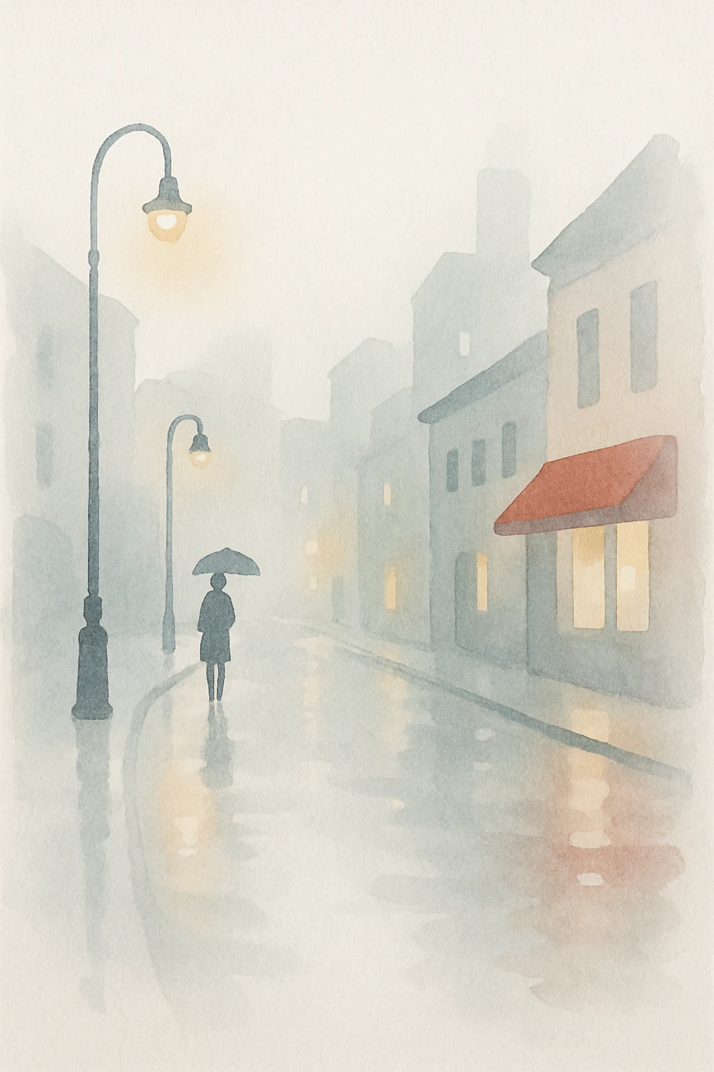 dreamy watercolor depiction of rain falling on a quiet city street, with glowing reflections on the pavement emoji