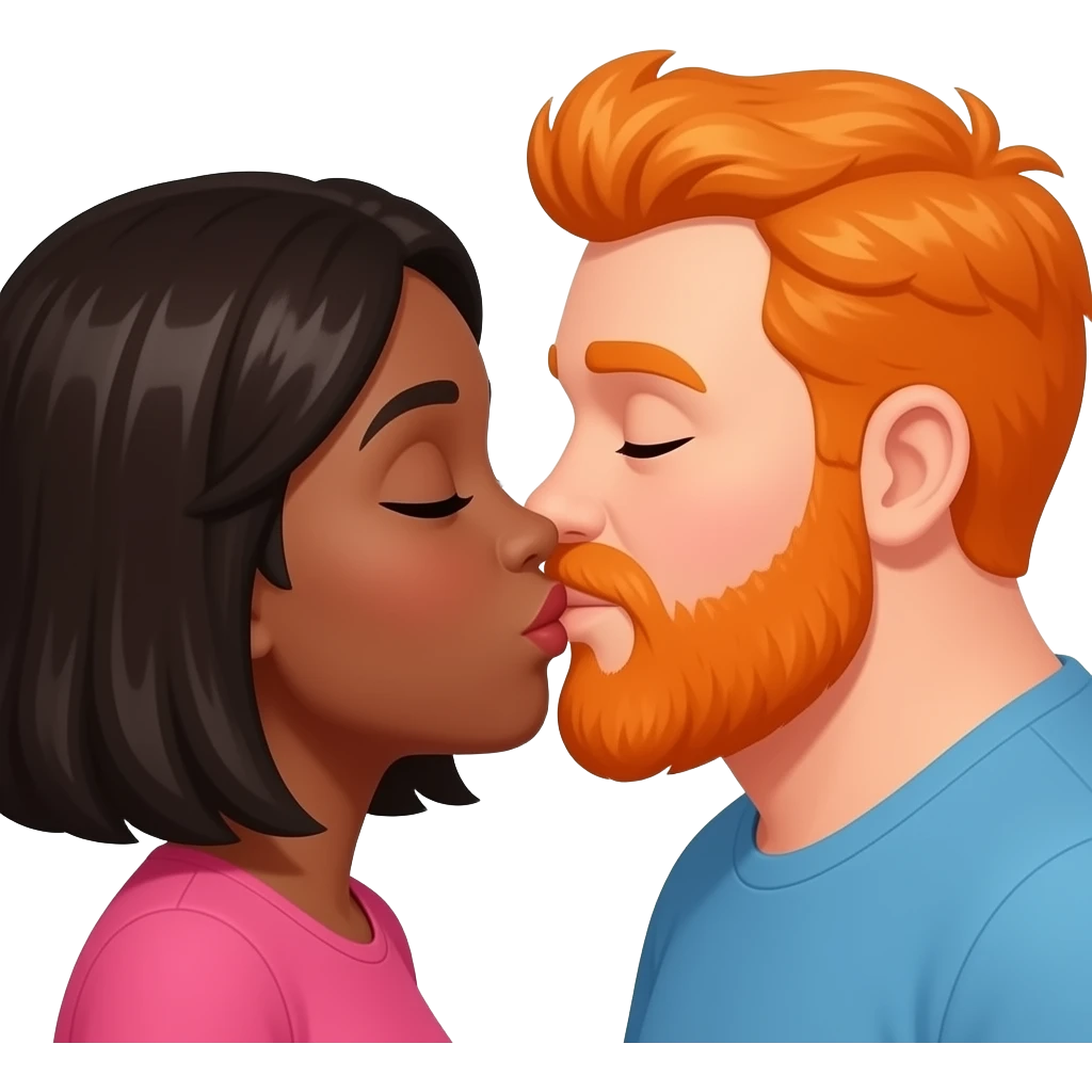 Black girl and orange  chubby head guy with beard kissing emoji