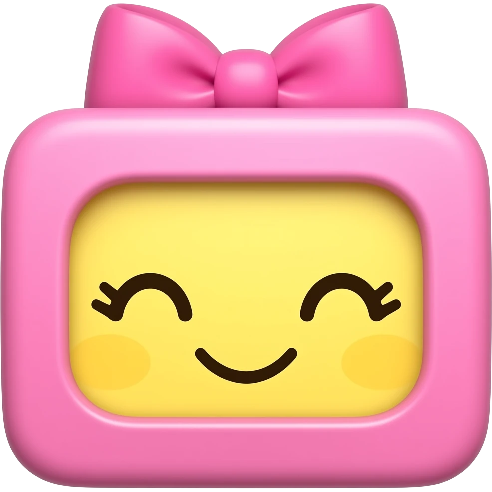 Eu quero uma carinha fofa sorrindo sem boca com olho fechado boxexinha rosada e um lacinho super fofo rosa na cabeça dele e a pele dele amarela emoji