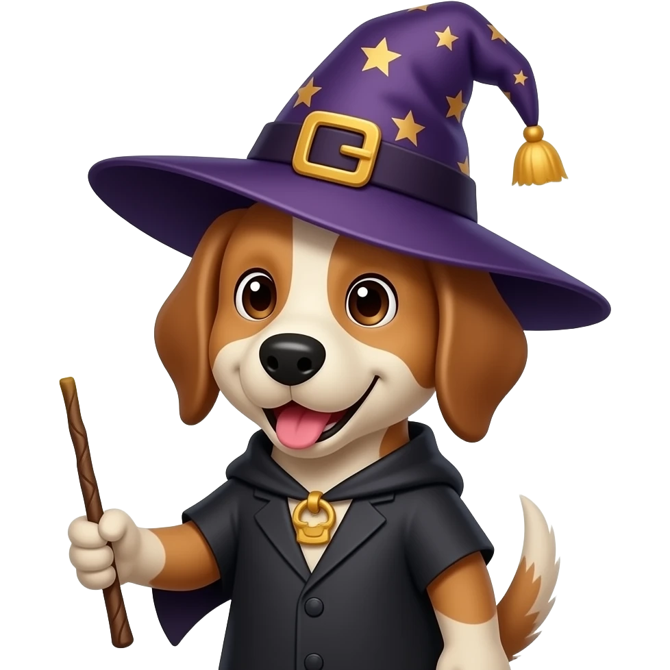 Haz un emoji de ese perro pero con gorra y vestimenta de bruja.  Con el bastón y magia la mitad del cuerpo torso emoji