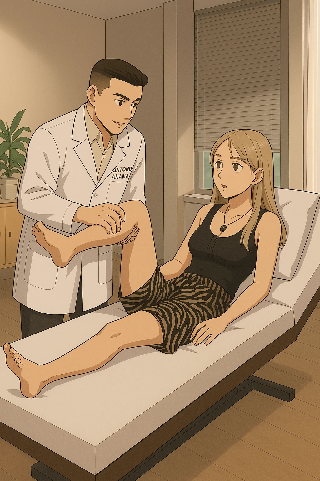 fai un webtoon/manga a colori con questo kinesiologo in camice bianco (fagli la scritta "ANTONIO ANANIA" SUL CAMICE) CHE SVOLGE UN TEST NEUROMUSCOLARE SOLLEVANDO UNA GAMBA ALLA RAGAZZA CHE è STESA SU UN LETTINO BIANCO. STANZA SEMPLICE E MODERNA, DURANTE IL TEST I DUE DIALOGANO TRA LORO. NON FARE I FUMETTI, FAI SOLO LORO COME SE DIALOGASSERO emoji