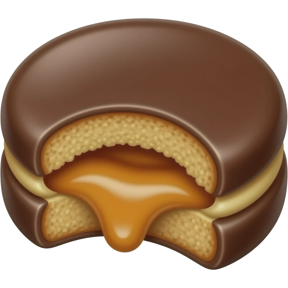 alfajor típico relleno de dulce de leche y cubierto de chocolate, mordido emoji