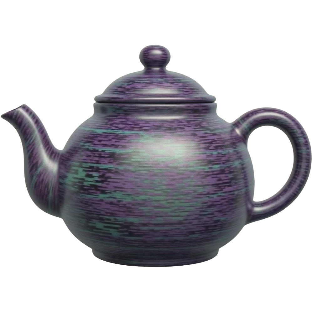 glitchy textured teapot all over it, just purple and green, black glitchy colors z-fighting on it everywhere no spotless areas. corrupted-ish look with glitch static emoji
