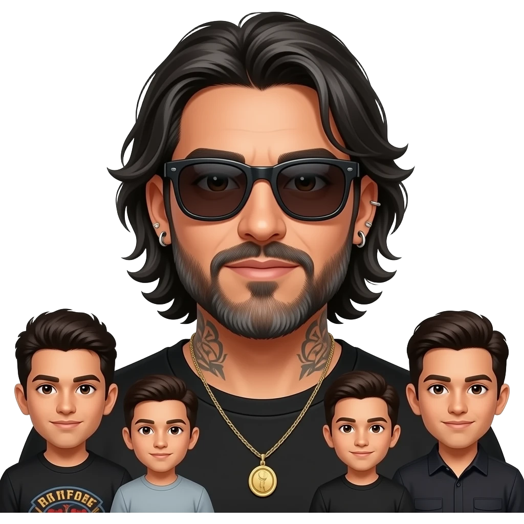The handsome manly Latino podcast host with medium length hair, a long slightly graying beard and tattoos with his ears pierced 1 time each ear and a nose ring on the right side, dark brown eyes, wearing black, super dark sunglasses, jewelry, hanging out with his three sons emoji