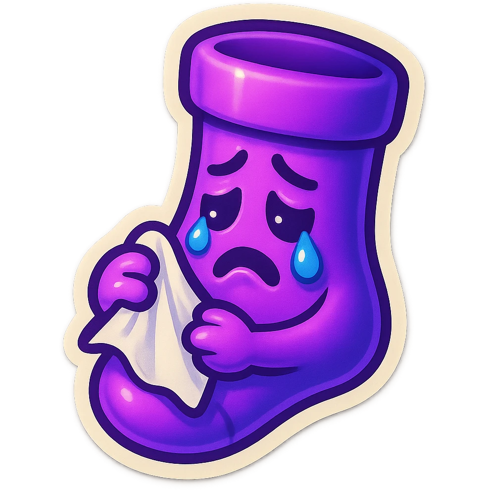 A neon-purple sock with a crying face, holding a tissue, representing crying or sadness. emoji