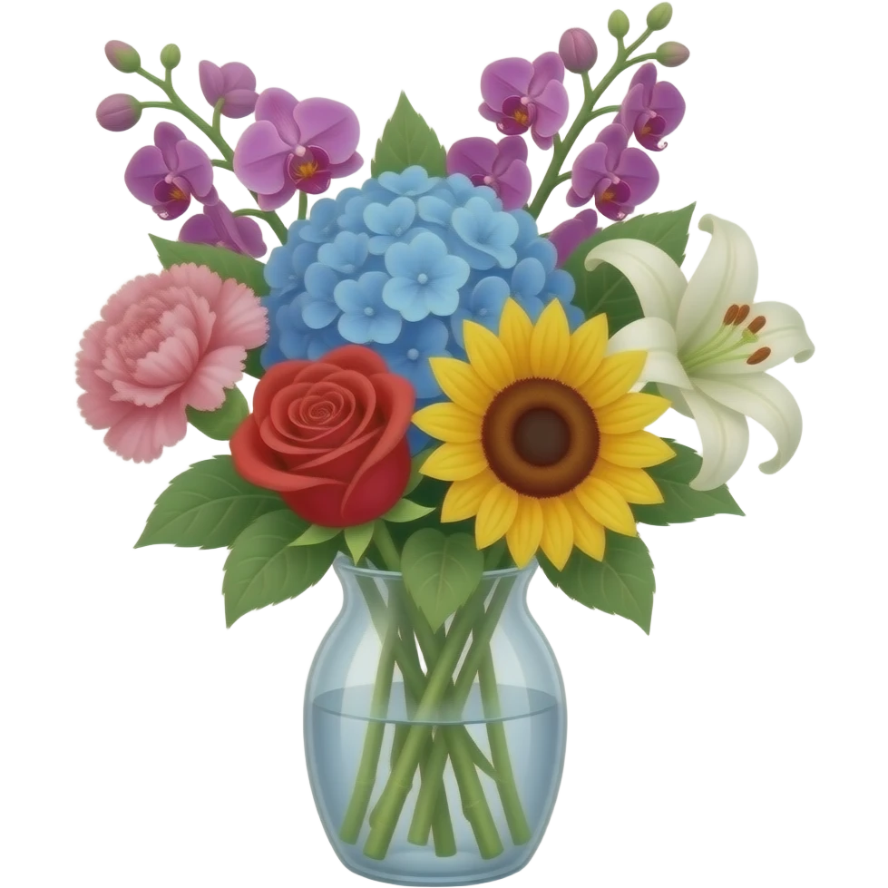 a bunch of flowers in a tall silver vase with little purple orchids, a pink carnation, a blue hydrangea, a red rose, a sunflower and a lily emoji