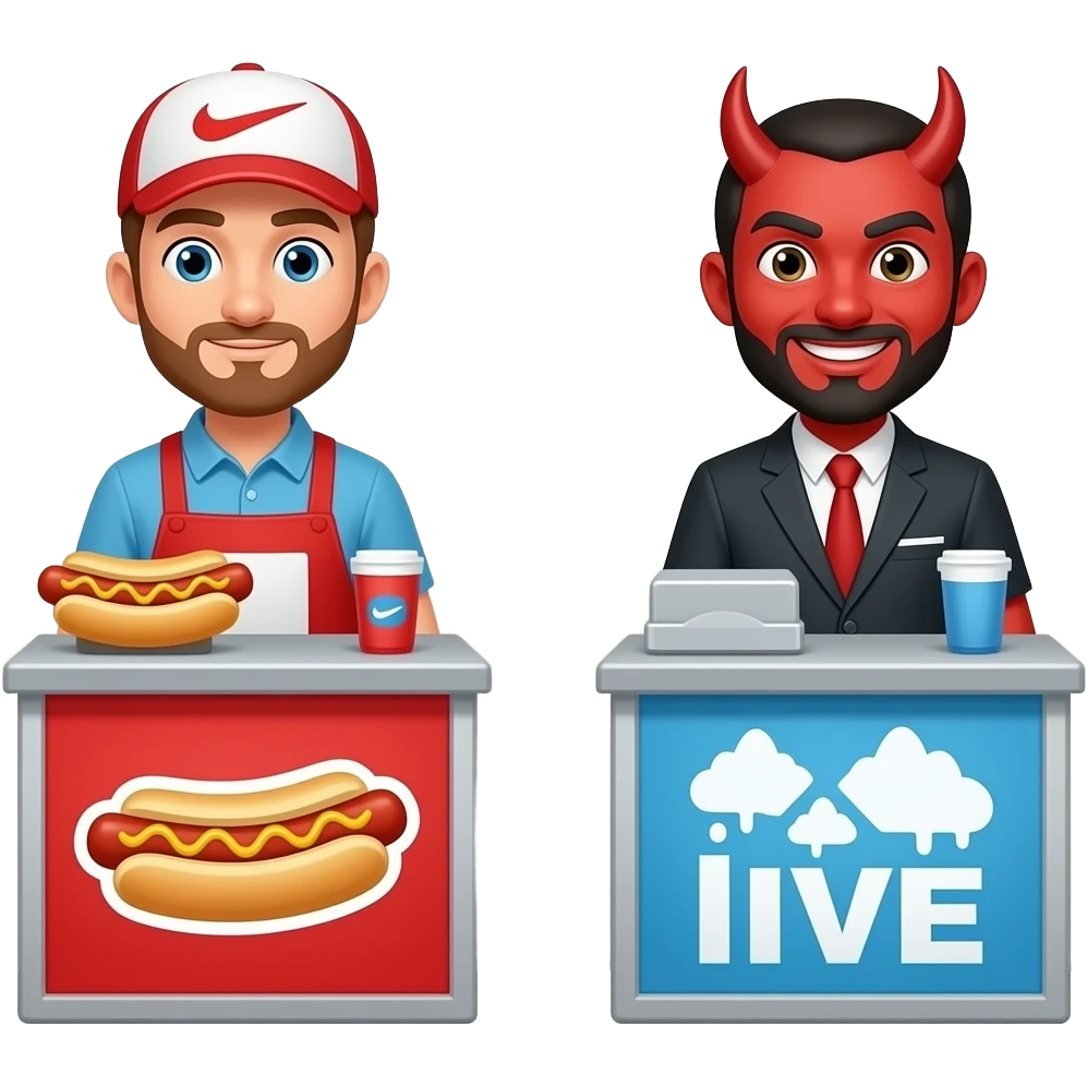 Two people standing on two different sides of a wall. One of the guys is a hot dog seller. The other guy is a ice agent smirking devilishly emoji