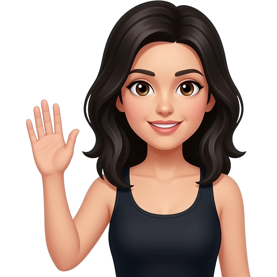 MUJER CON PELO NEGRO LEVANTANDO LA MANO DERECHA COMO PIDIENDO TURNO CON REMERA NEGRA CON OJOS MARRONES emoji