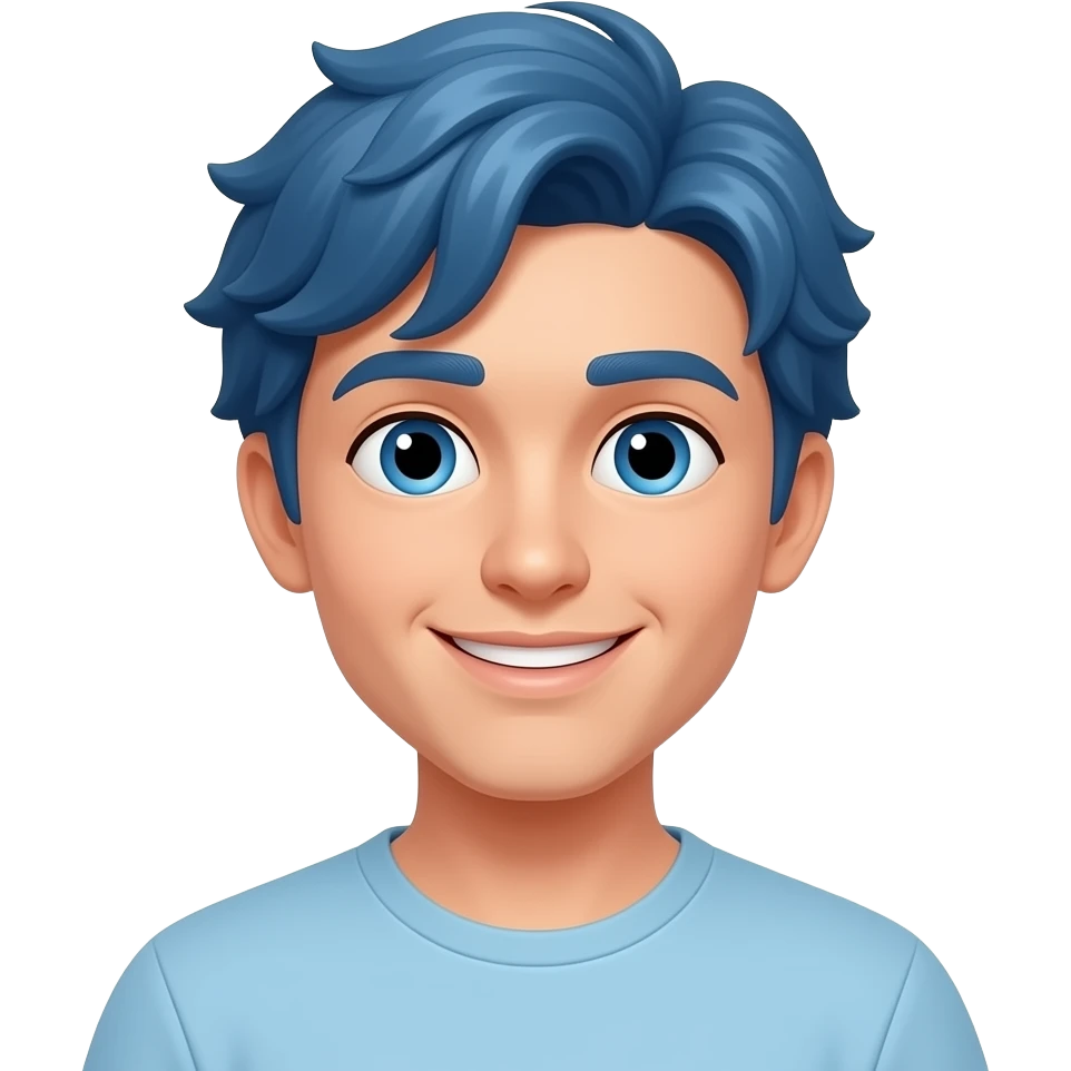 blue wavy hair, young man smiling emoji