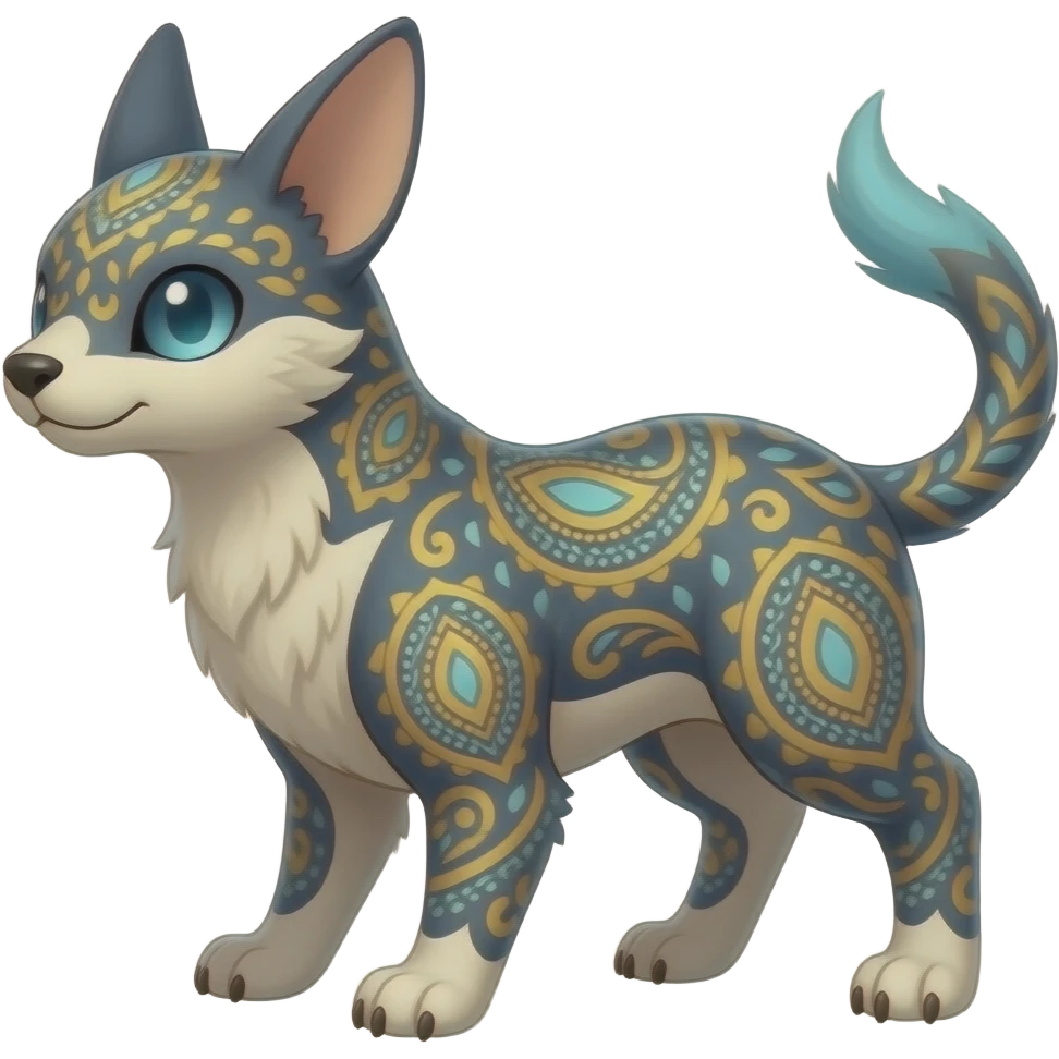 Damask-paisley-patterned ancient Short-legged quadrupedal elegant oriental feral painted Absol-Glaceon-Sylveon-animal-Fakémon-fusion-hybrid-creature emoji