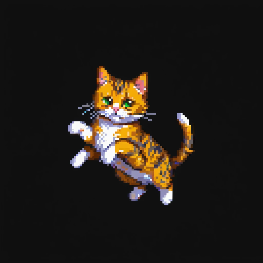 Make the jumping European shorthair cat a tabby cat in pixel art style, showing dynamic movement with a white background. emoji