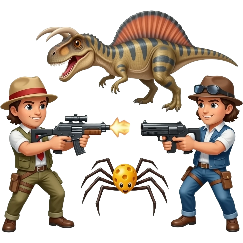 A cryolophosaurus battling a cheesespider in mexico with guns emoji