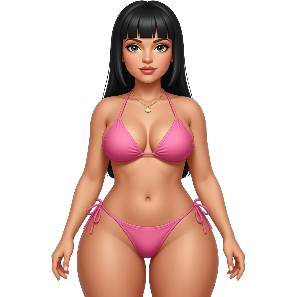 Nicki with straight black hair, pink thong bikini, full body, big butt emoji