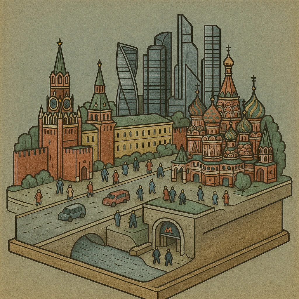 Изометричная миниатюрная 3D модель Москвы на подставке - фотореалистичный Кремль, собор Василия Блаженного, фотореалистичный Башни Москва-Сити, аккуратная детализация, яркие цвета, мультяшный реализм, гуляют люди и современный автотранспорт и метро, компактная композиция, вид сверху в изометрии emoji