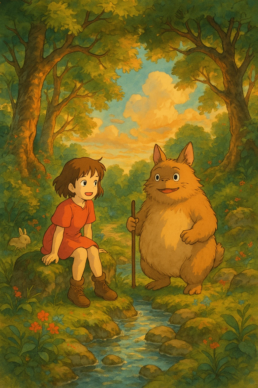 artistic illustration inspired by the previous best variant, in Ghibli style, with original creative background and composition, warm colors, detailed and whimsical emoji
