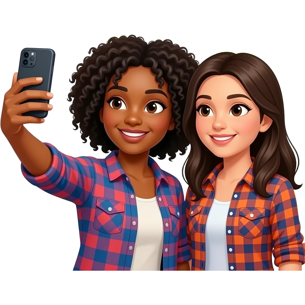 A black girl and spanish girl taking a selfie together in front of a sign that says Broken Bow, in front of a cabin in the woods while wearing flannel emoji