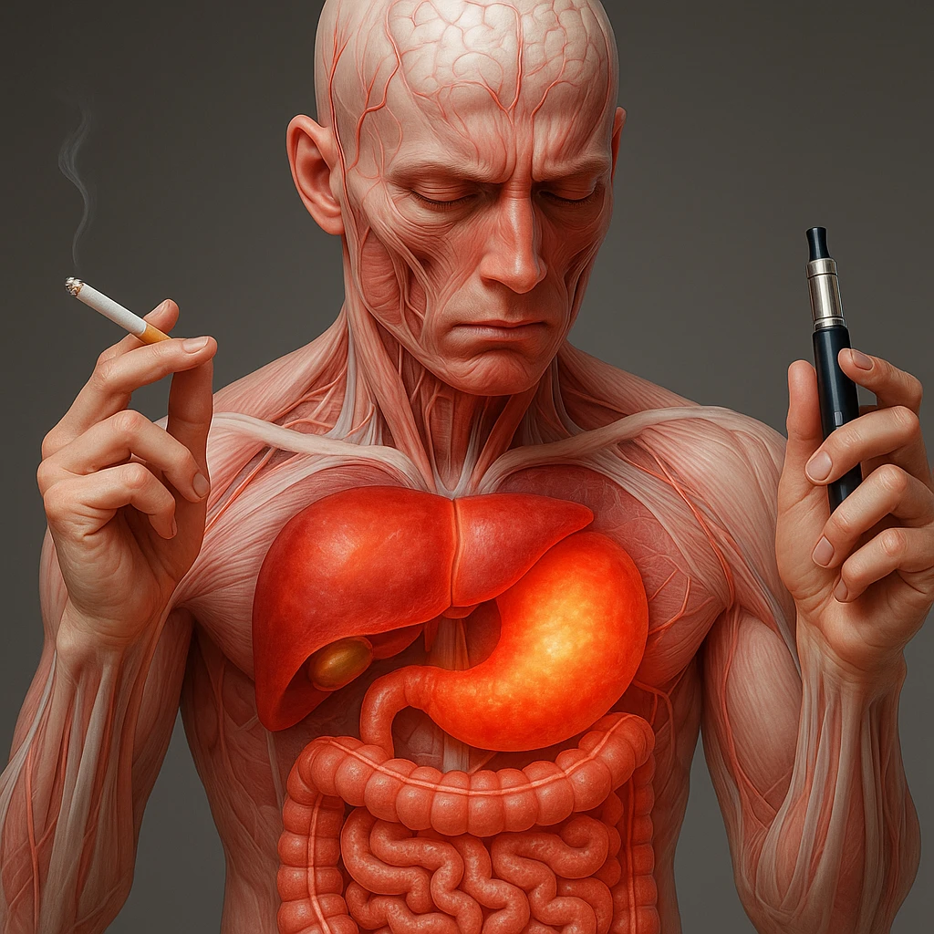 Medical illustration, hyperrealistic 4K, realistic anatomical human body, inflamed liver and intestine highlighted, holding a lit normal cigarette in the right hand and an electronic cigarette in the left hand, clear background, extremely detailed, same lighting and style as the reference image. emoji