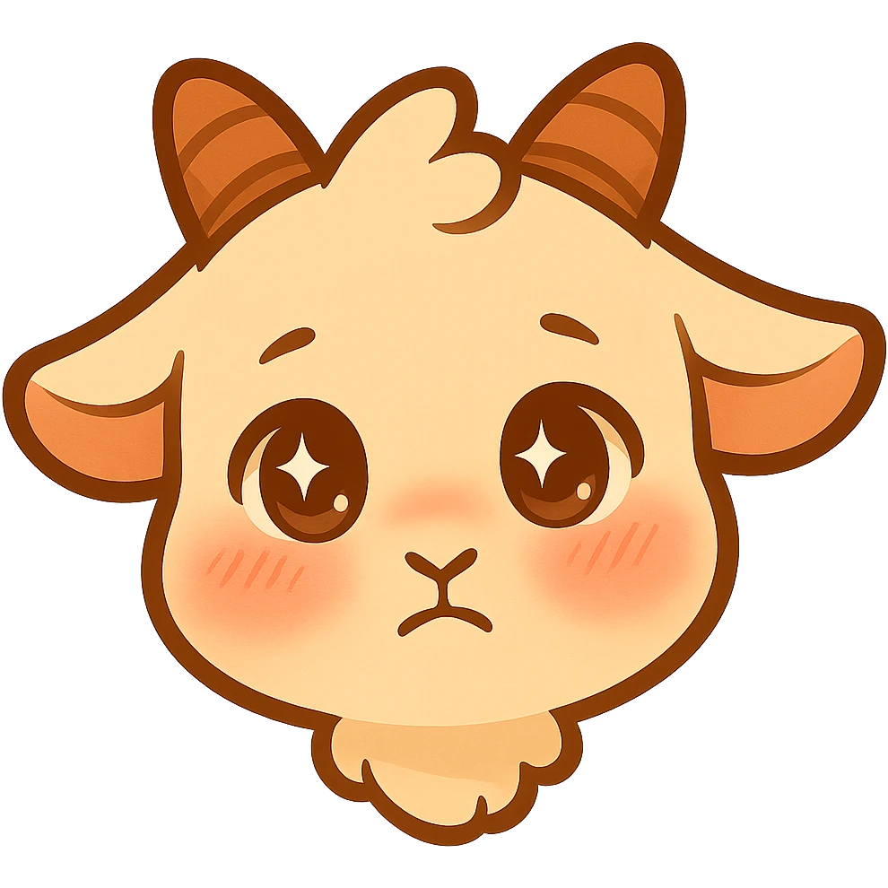 Edit the chibi goat head to have a shy and bashful expression with shining, sparkling eyes and a slight blush. Keep the simple, clean chibi stickers style and maintain a white background. Designed for a small emote. emoji