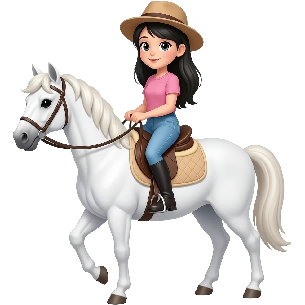 Chica de cabello negro con sombrero cabalgando un potranco blanco emoji