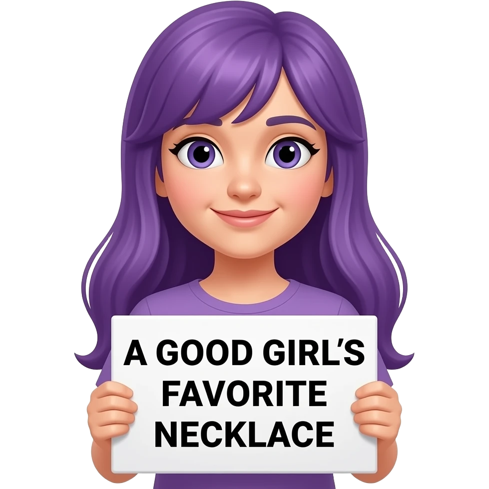girl with long purple hair holding a A GOOD GIRLS FAVORITE NECKLACE sign emoji