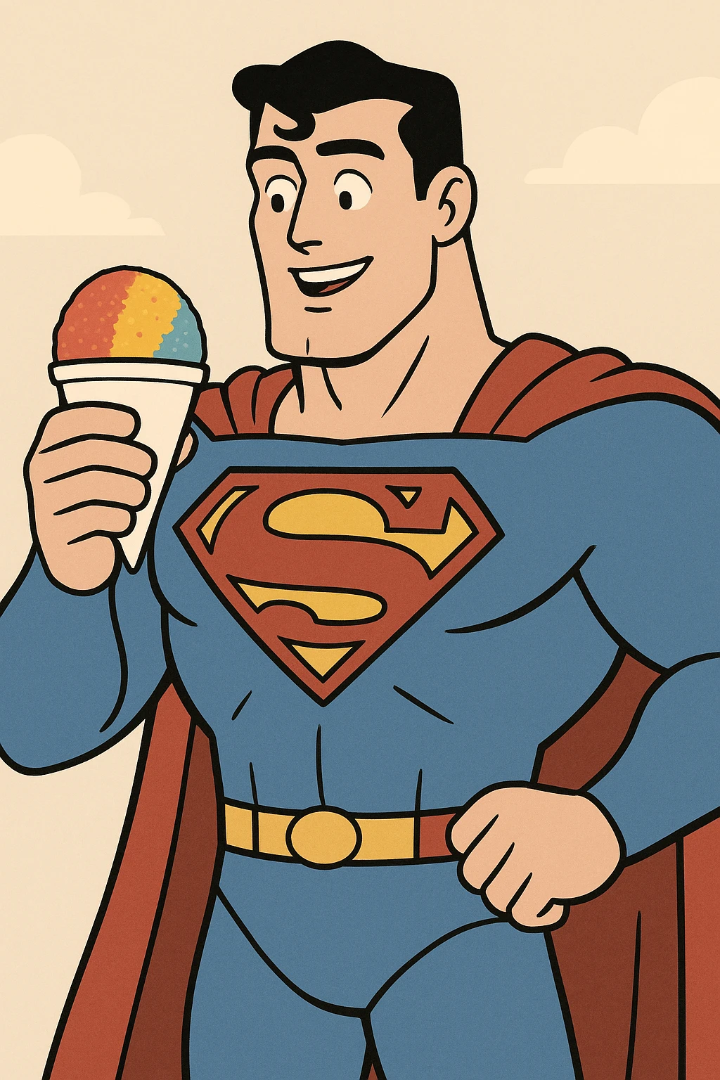 Superman holding a colorful snow cone, heroic pose, bright colors, cartoon style emoji