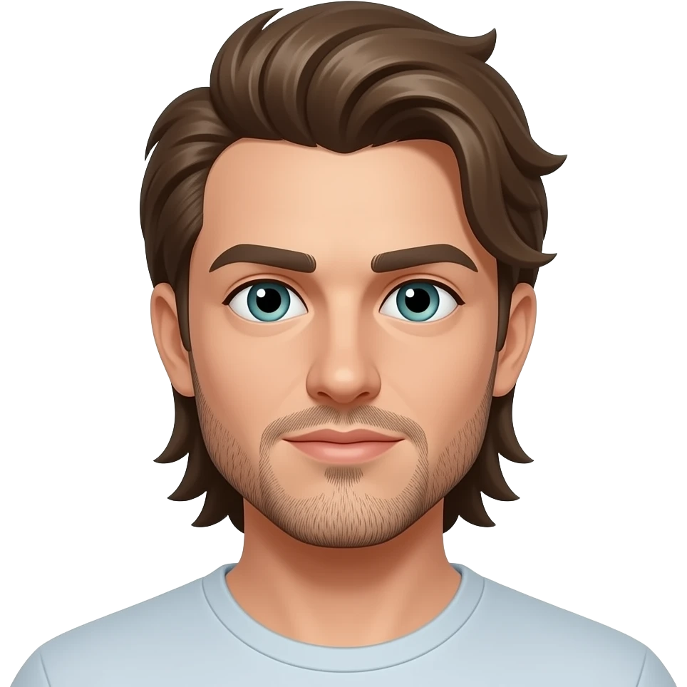 Mullet with side flares, hazel blue green eyes, some grays with mostly hazel hair, 5 o’clock shade beard emoji