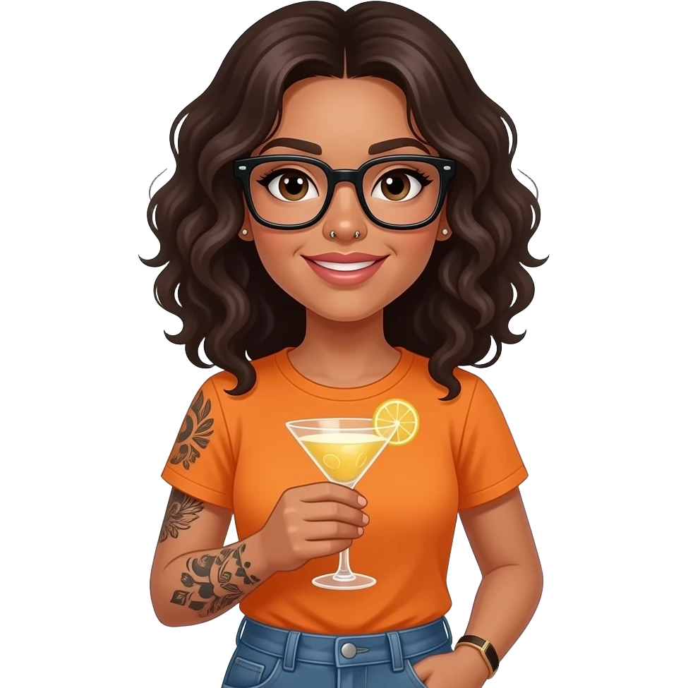 A woman with tan skin, shoulder-length curly hair (sometimes straightened), black square glasses, two nose studs, and visible tattoos (left shoulder and inner arms). She is wearing an orange T-shirt and jeans. There are stars in the back and she's holding a mimosa emoji