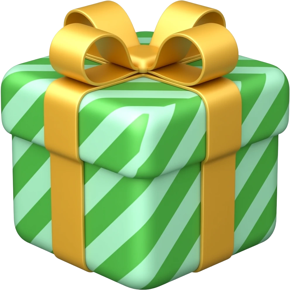 caixa de entrega verde com elementos de movimento, fita dourada e aspecto de miçanga 3d, com cantos arredondados emoji