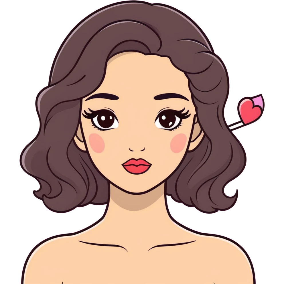 Dark brown beach waves hair, dark brown eyes, long eyelashes, square heart face, cupids bow lips with natural lipliner,a bigger straight nose but still small,eyebrows normal size kinda thin  emoji